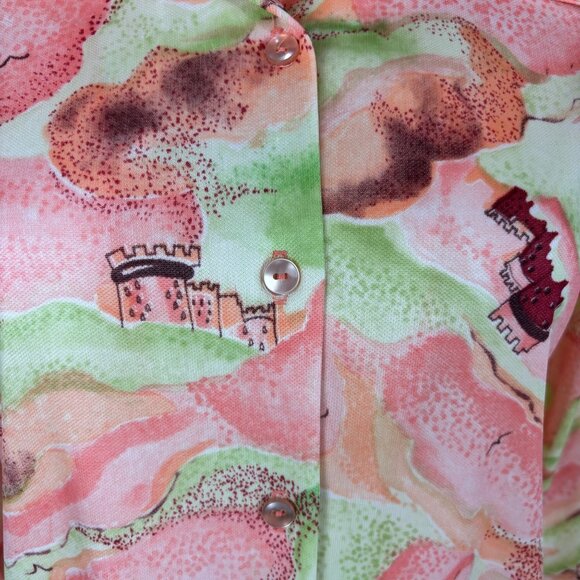 Vintage 70s Castle Blouse Women's Large Cloud Novelty Print Green Pink Top - Picture 4 of 10